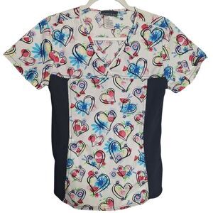 Cherokee Scrub Top Heart Daisy Short Sleeve Stretchy Medical Nurse Work Small